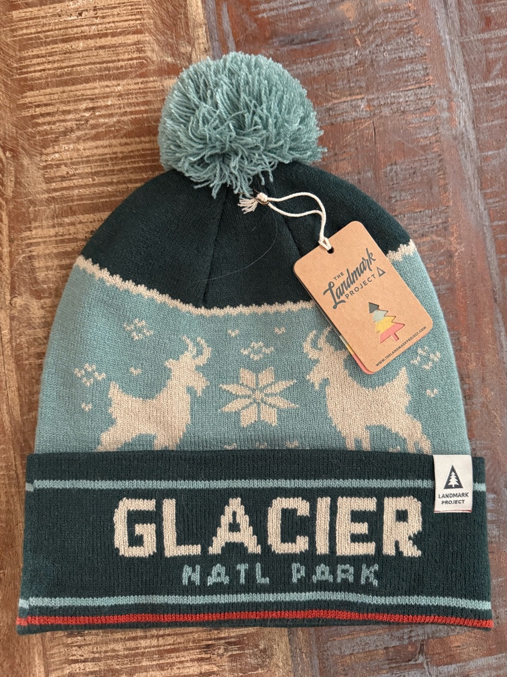 NWT The Landmark Project Green/Blue Knit Winter Beanie Glacier National Park